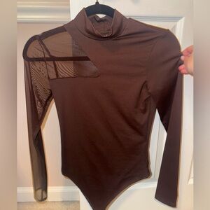 Long-Sleeve Asymmetrical Brown Mesh Bodysuit